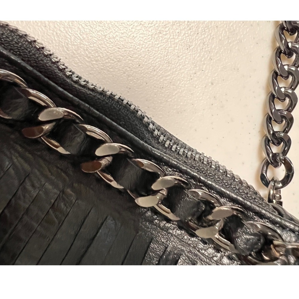 MMS Black Fringe Crossbody Bag Small Faux Leather Gunmetal Chain Boho Rockstar - Picture 10 of 11